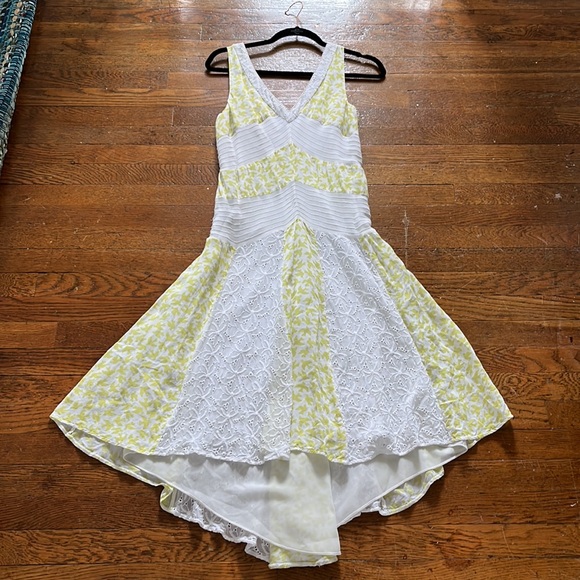 ANTHROPOLOGIE LEIFNOTES Yellow Bird Print Midi Patchwork Eyelet Lace Boho Dress - Picture 2 of 13